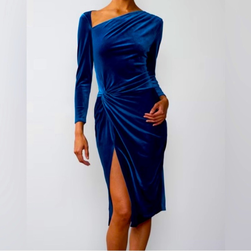 Long Sleeve Asymmetric Neck Ruched Dress